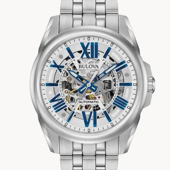 Bulova Silver and Blue Automatic Watch with open dial